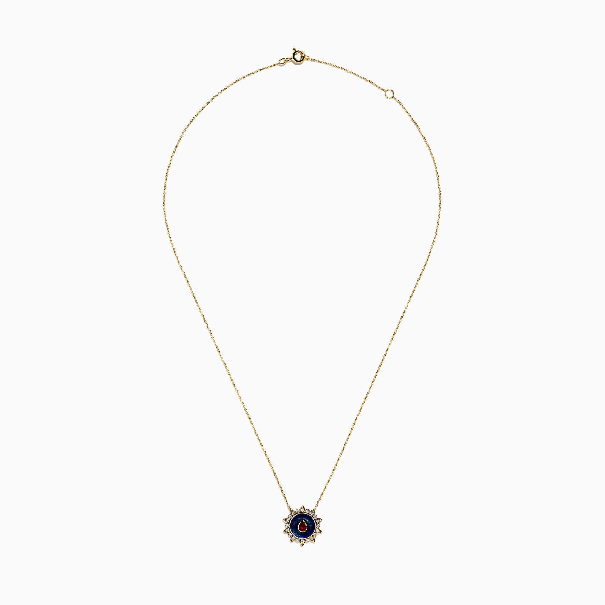 14K Yellow Gold Ruby, Diamond, and Enamel Pendant featuring a delicate gold chain, round pendant with blue and green enamel, a central ruby teardrop, and a sunburst of small clear stones.
