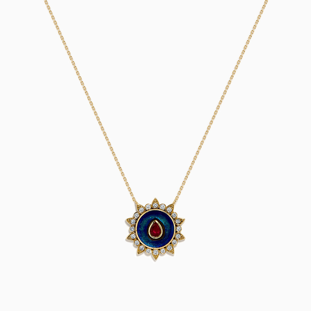 14K Yellow Gold Ruby, Diamond, and Enamel Pendant featuring a delicate gold chain, round pendant with blue and green enamel, a central ruby teardrop, and a sunburst of small clear stones.