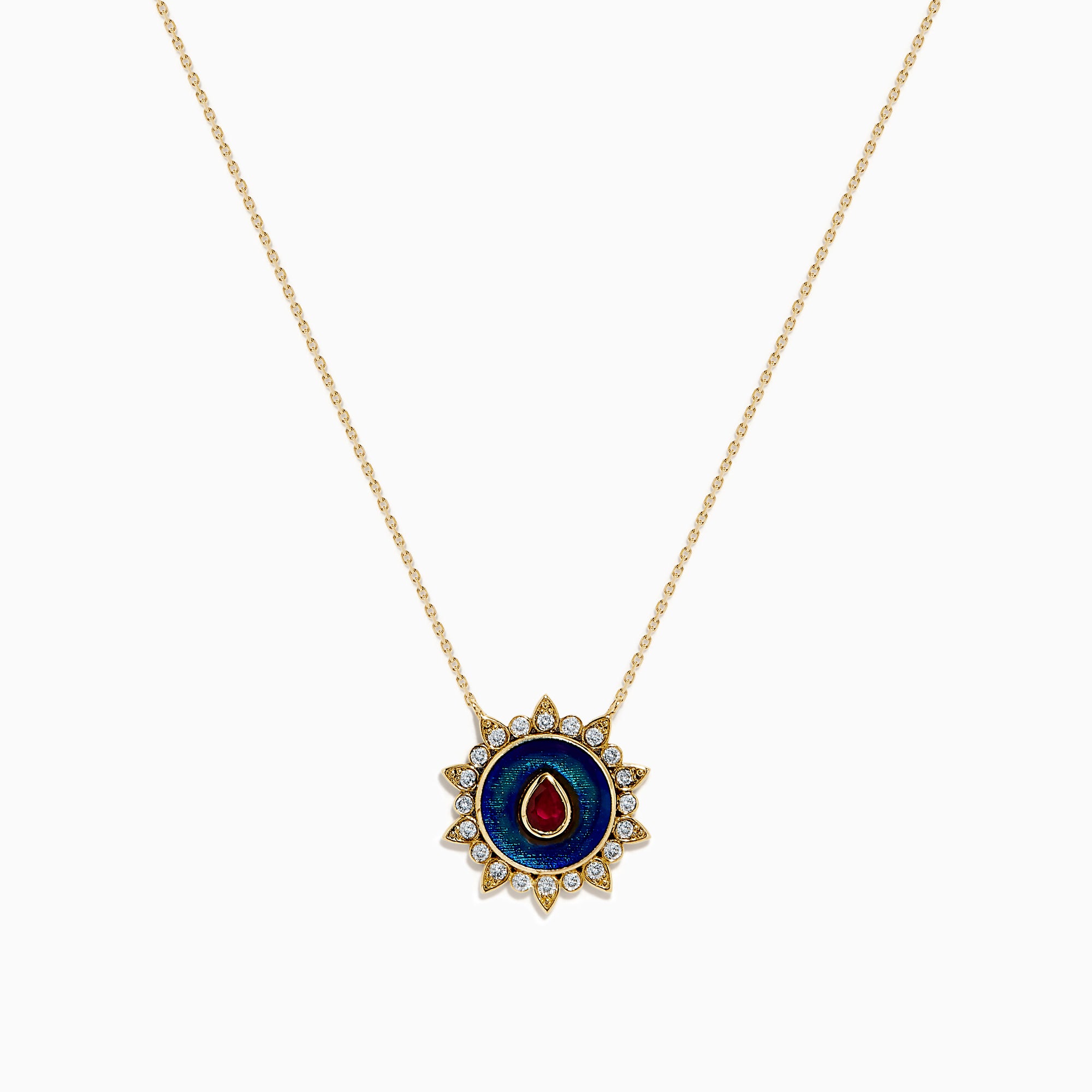 14K Yellow Gold Ruby, Diamond, and Enamel Pendant featuring a delicate gold chain, round pendant with blue and green enamel, a central ruby teardrop, and a sunburst of small clear stones.