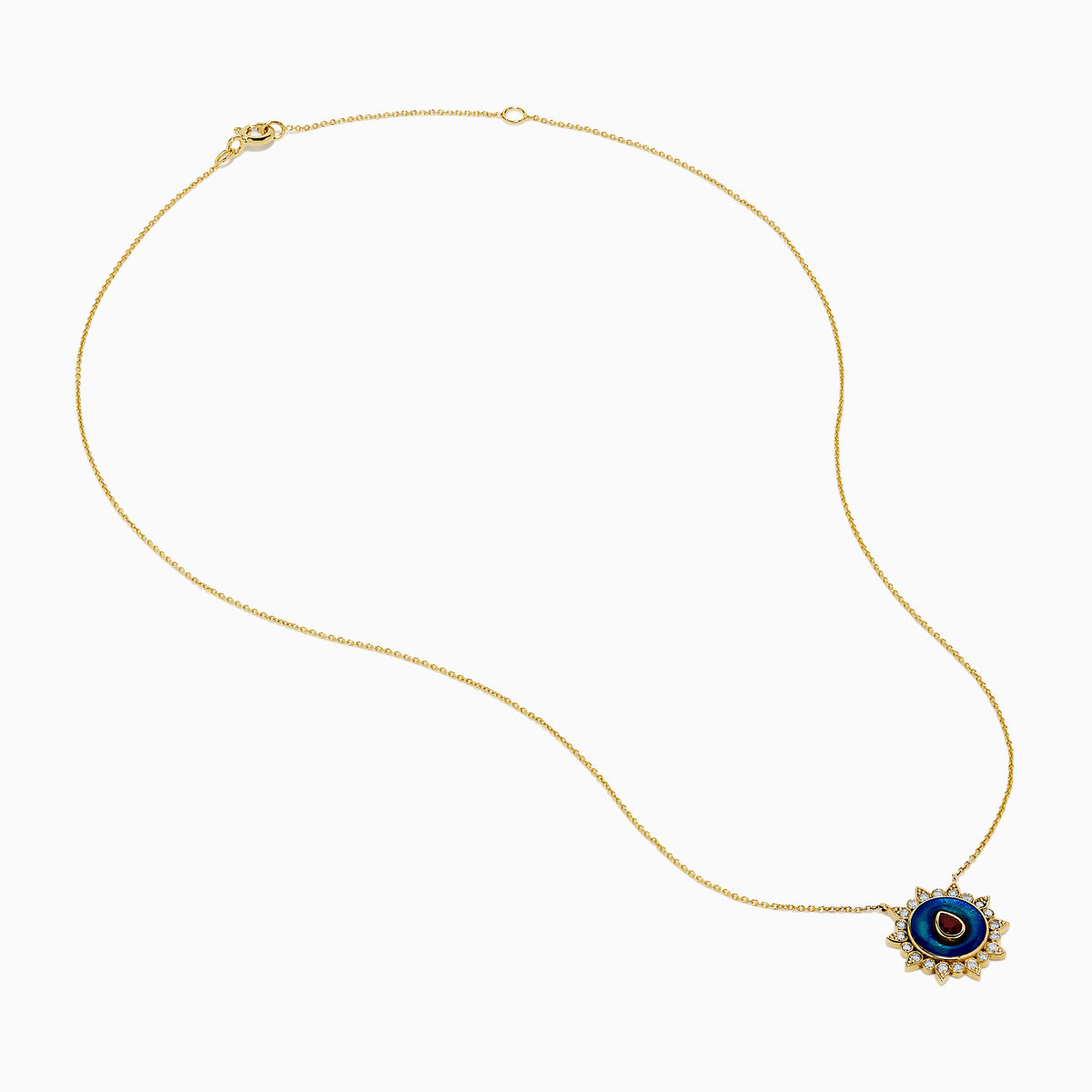 14K Yellow Gold Ruby, Diamond, and Enamel Pendant featuring a delicate gold chain, round pendant with blue and green enamel, a central ruby teardrop, and a sunburst of small clear stones.