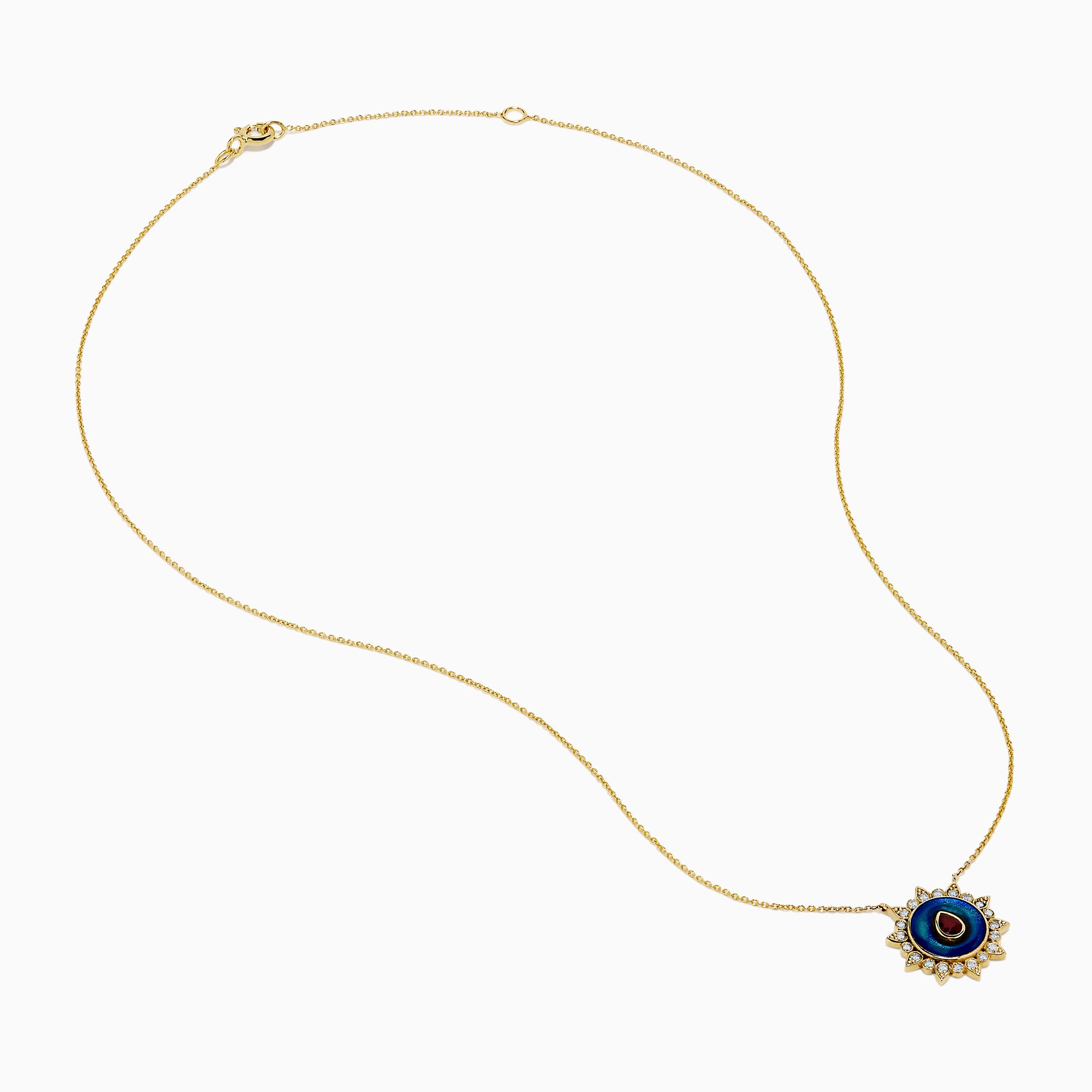 14K Yellow Gold Ruby, Diamond, and Enamel Pendant featuring a delicate gold chain, round pendant with blue and green enamel, a central ruby teardrop, and a sunburst of small clear stones.
