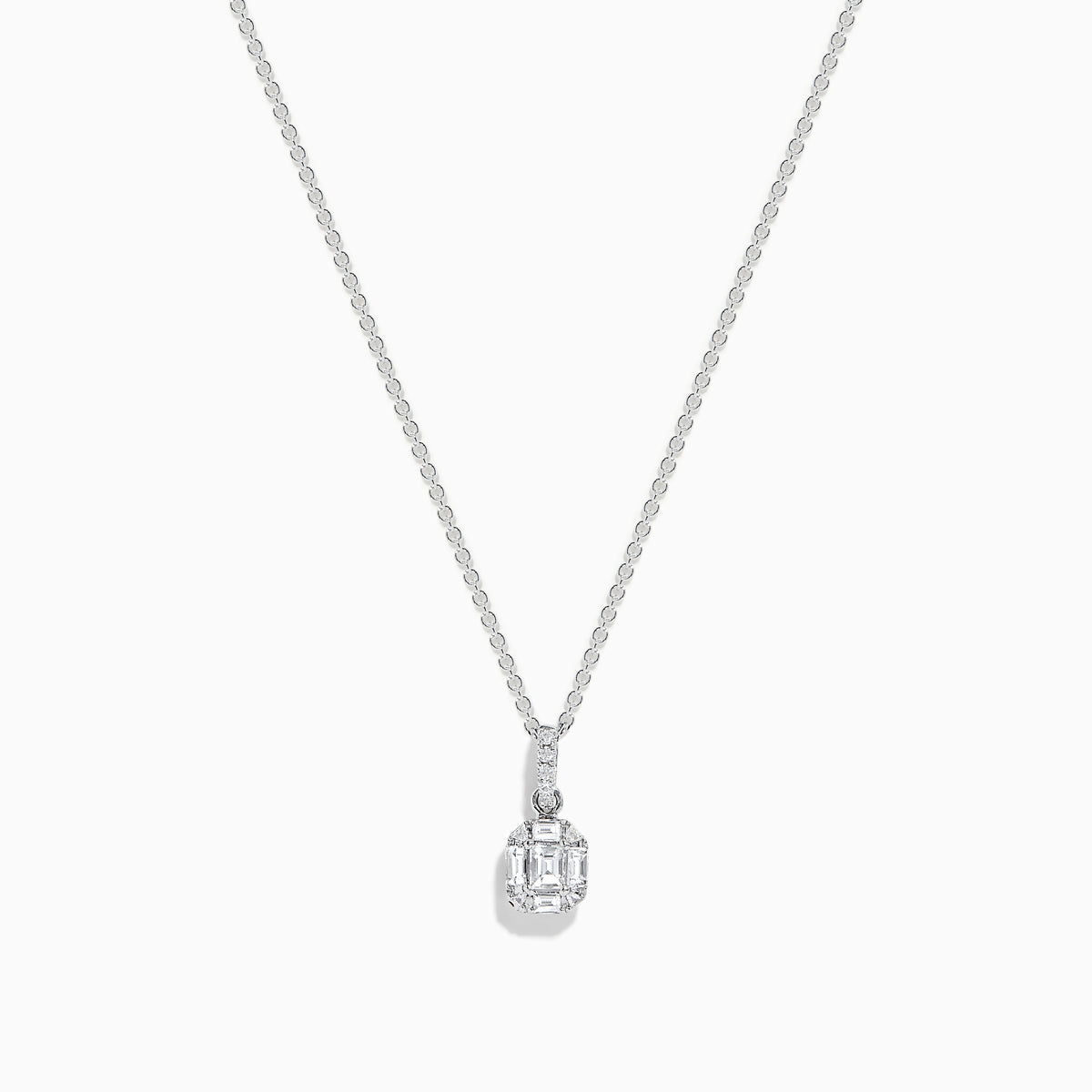 The Classique 14K White Gold Diamond Pendant features a sparkling rectangular-cut diamond with a smaller round diamond above it on a delicate chain, shown against a plain white background.