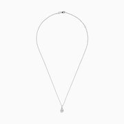 The Classique 14K White Gold Diamond Pendant features a sparkling rectangular-cut diamond with a smaller round diamond above it on a delicate chain, shown against a plain white background.