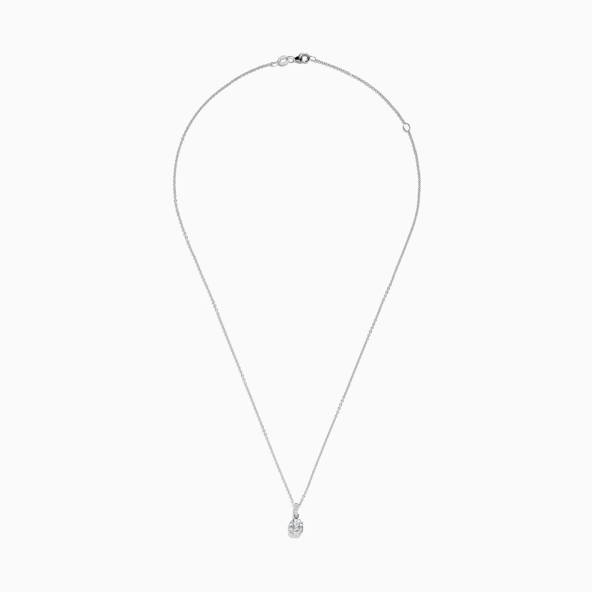 The Classique 14K White Gold Diamond Pendant features a sparkling rectangular-cut diamond with a smaller round diamond above it on a delicate chain, shown against a plain white background.