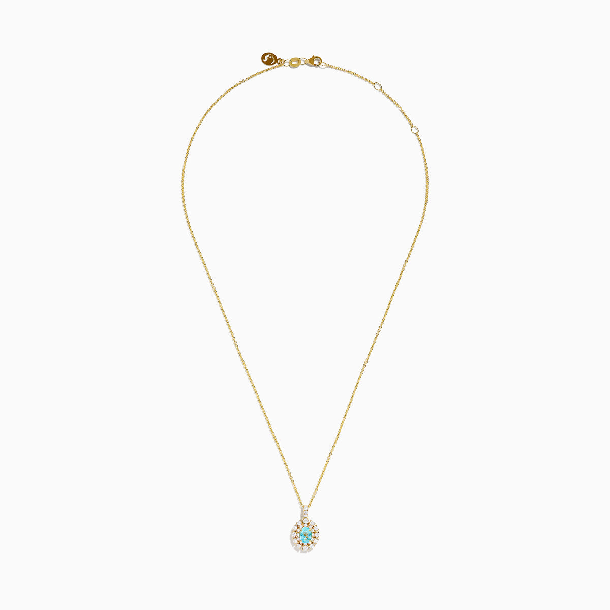 The 18K Yellow Gold Paraiba and Diamond Pendant features an oval turquoise Paraiba gemstone accented by a halo of sparkling diamonds, showcased against a white background.