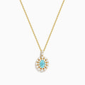 The 18K Yellow Gold Paraiba and Diamond Pendant features an oval turquoise Paraiba gemstone accented by a halo of sparkling diamonds, showcased against a white background.