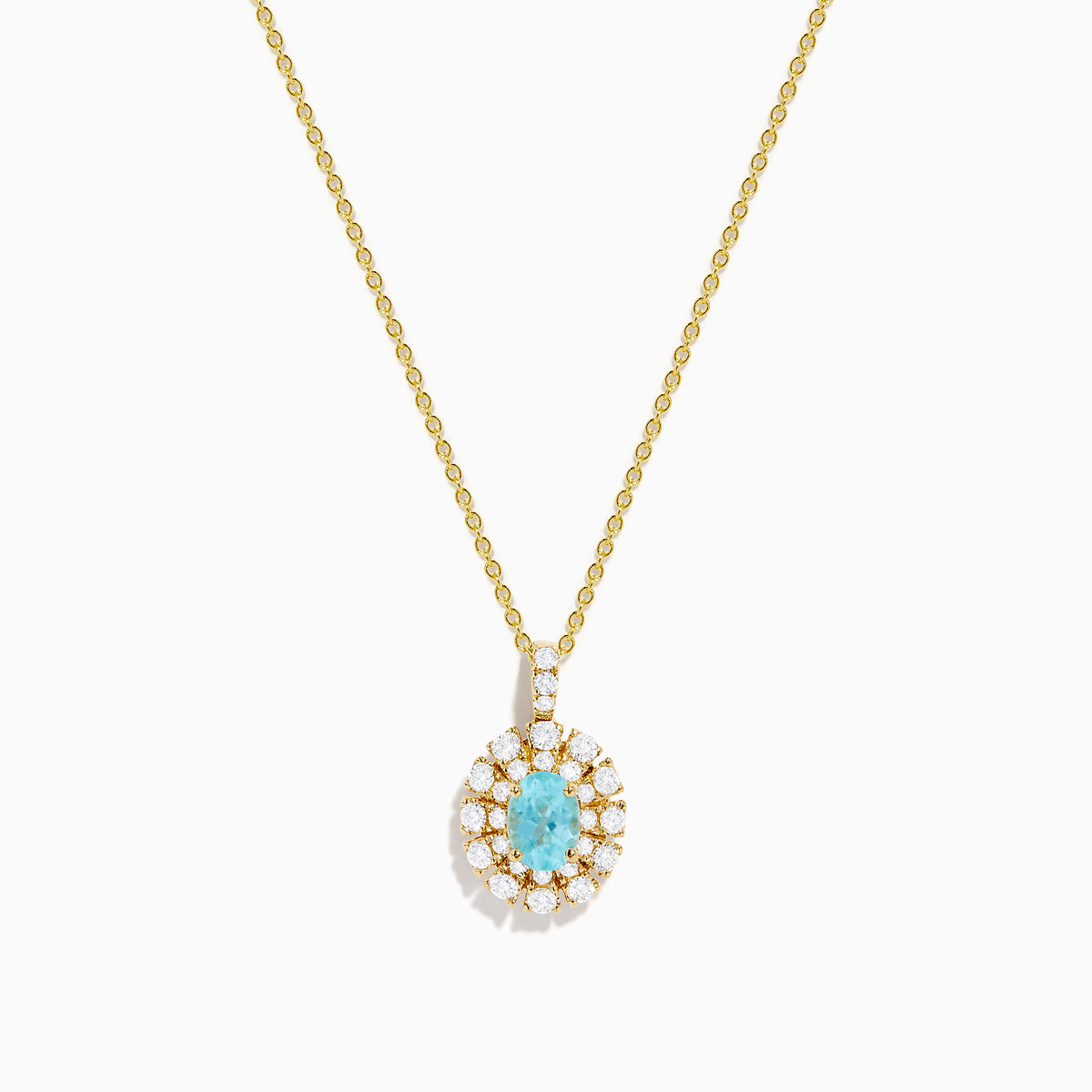 The 18K Yellow Gold Paraiba and Diamond Pendant features an oval turquoise Paraiba gemstone accented by a halo of sparkling diamonds, showcased against a white background.