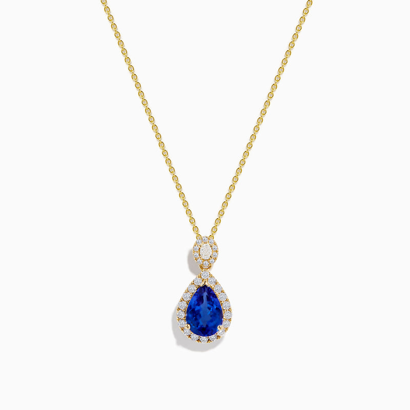 The Nahla Siri 14K Yellow Gold Tanzanite and Diamond Pendant features a teardrop blue tanzanite surrounded by white diamonds, plus a circular diamond accent above the main stone.