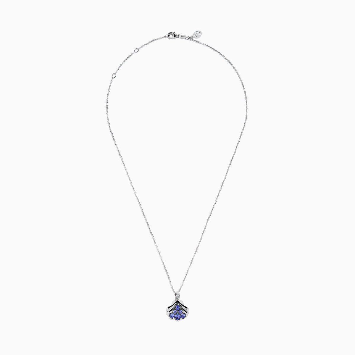 The Seaside 925 Silver Tanzanite and Diamond Seashell Pendant features five round blue tanzanite gemstones in a teardrop design, accented by a row of sparkling diamonds on the pendant’s bail.