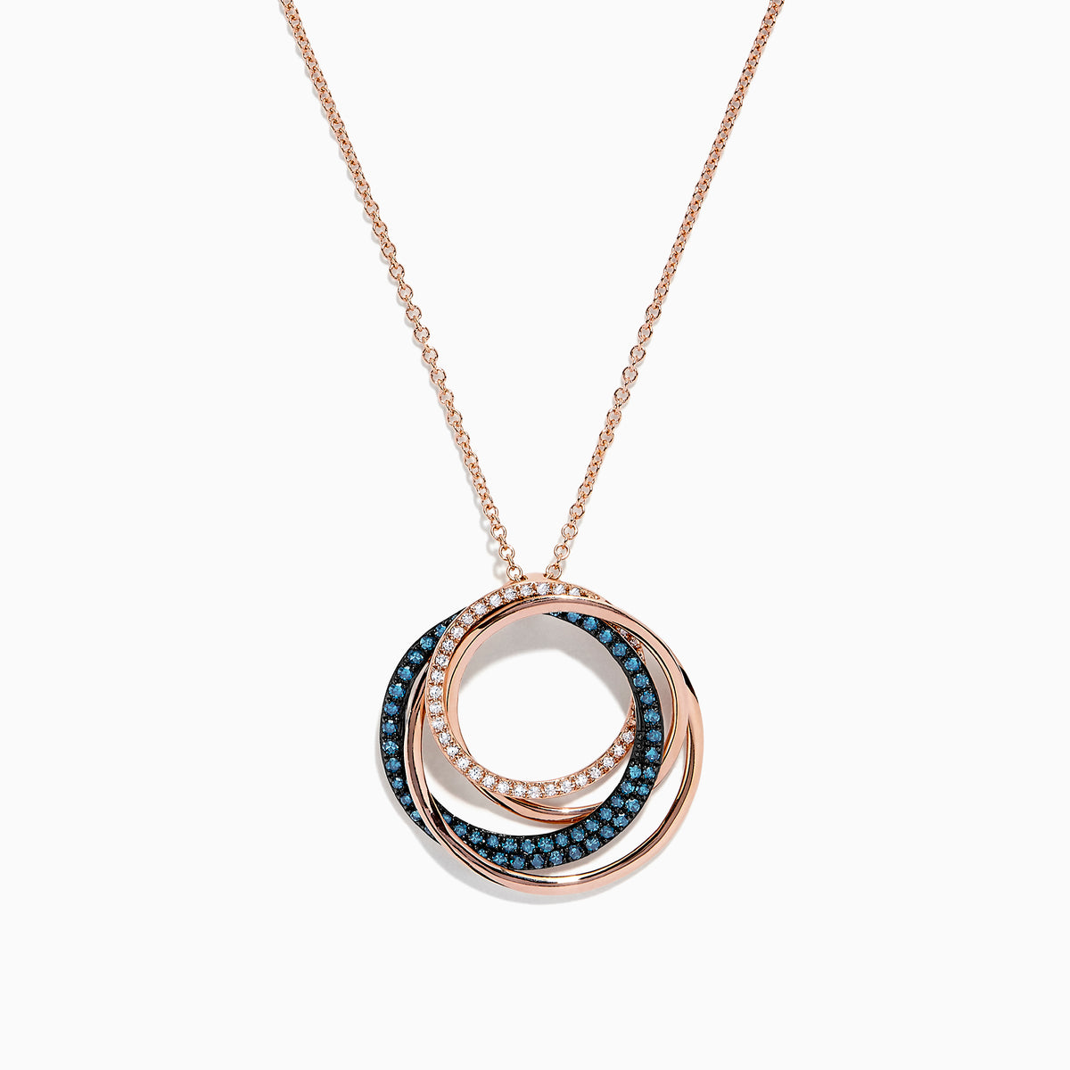The 14K Rose Gold Blue and White Diamonds Circle Pendant showcases three interlocking circles, with two adorned by sparkling blue and white diamonds, beautifully presented against a white background.