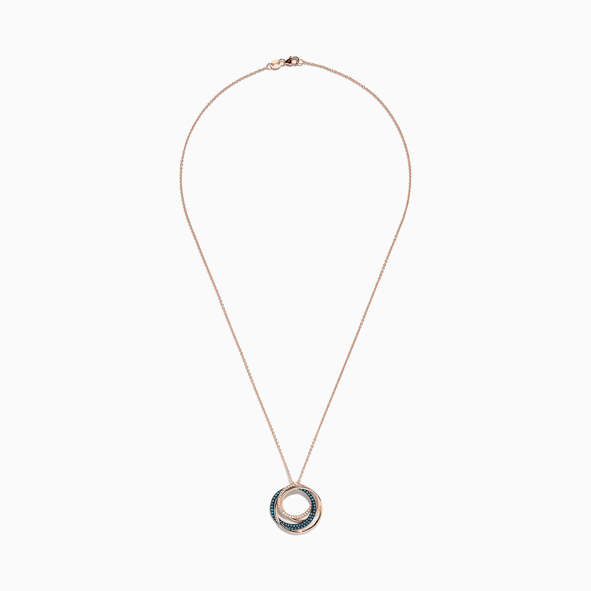 The 14K Rose Gold Blue and White Diamonds Circle Pendant showcases three interlocking circles, with two adorned by sparkling blue and white diamonds, beautifully presented against a white background.