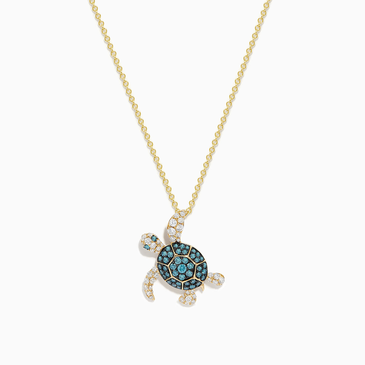 The Seaside 14K Yellow Gold Blue and White Diamond Turtle Pendant features sparkling blue and white diamonds on the shell, head, and flippers of a turtle, set on a gold chain against a plain white background.