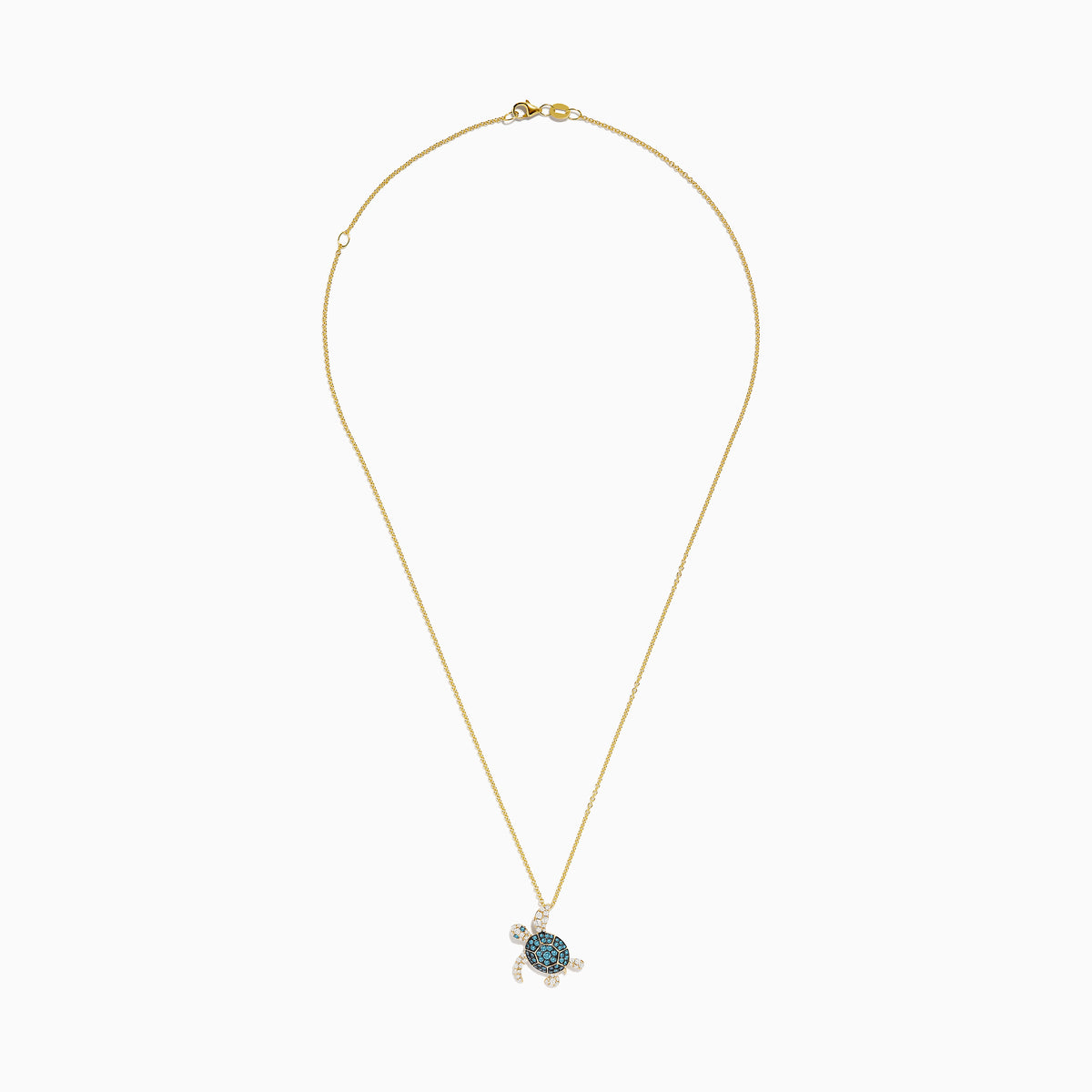 The Seaside 14K Yellow Gold Blue and White Diamond Turtle Pendant features sparkling blue and white diamonds on the shell, head, and flippers of a turtle, set on a gold chain against a plain white background.