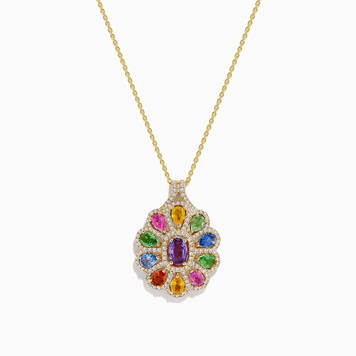 The Watercolors 14K Yellow Gold Multi Sapphire Pendant features an ornate design with vibrant pink, blue, green, yellow, and orange sapphires on a classic gold chain.