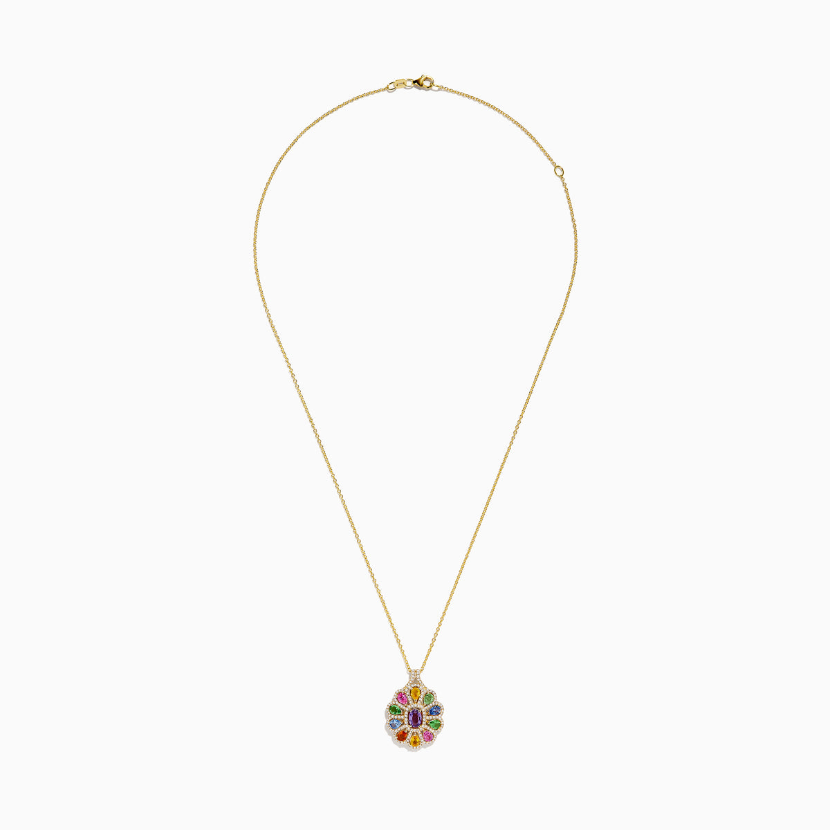 The Watercolors 14K Yellow Gold Multi Sapphire Pendant features an ornate design with vibrant pink, blue, green, yellow, and orange sapphires on a classic gold chain.
