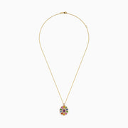 The Watercolors 14K Yellow Gold Multi Sapphire Pendant features an ornate design with vibrant pink, blue, green, yellow, and orange sapphires on a classic gold chain.