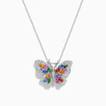 The Watercolors 14K Gold Multi Sapphire & Diamond Butterfly Pendant is a gold necklace with a butterfly design, sparkling diamonds, and colorful sapphires in green, blue, pink, red, orange, and purple on its wings.