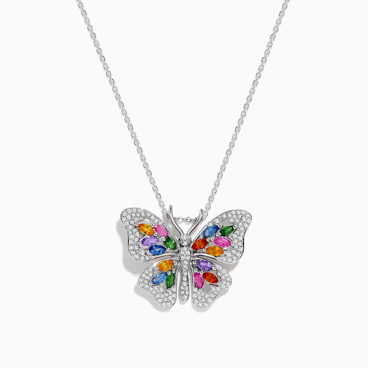 The Watercolors 14K Gold Multi Sapphire & Diamond Butterfly Pendant is a gold necklace with a butterfly design, sparkling diamonds, and colorful sapphires in green, blue, pink, red, orange, and purple on its wings.
