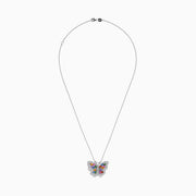 The Watercolors 14K Gold Multi Sapphire & Diamond Butterfly Pendant is a gold necklace with a butterfly design, sparkling diamonds, and colorful sapphires in green, blue, pink, red, orange, and purple on its wings.