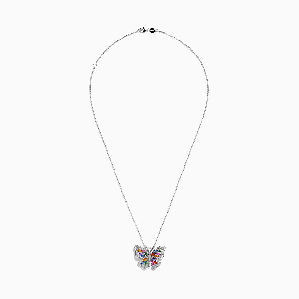 The Watercolors 14K Gold Multi Sapphire & Diamond Butterfly Pendant is a gold necklace with a butterfly design, sparkling diamonds, and colorful sapphires in green, blue, pink, red, orange, and purple on its wings.