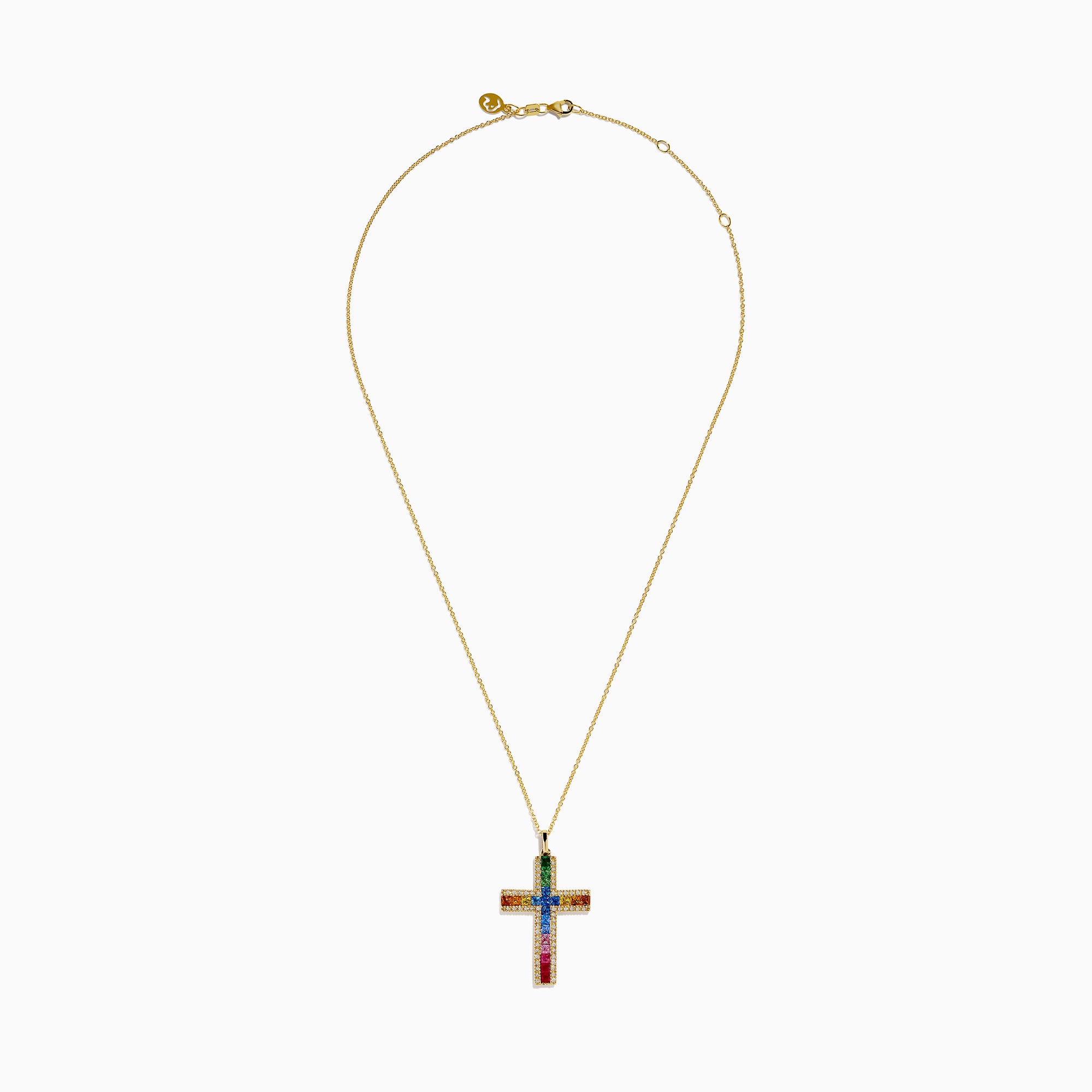 Watercolors 14K Yellow Gold Multi Sapphire and Diamond Rainbow Cross Pendant