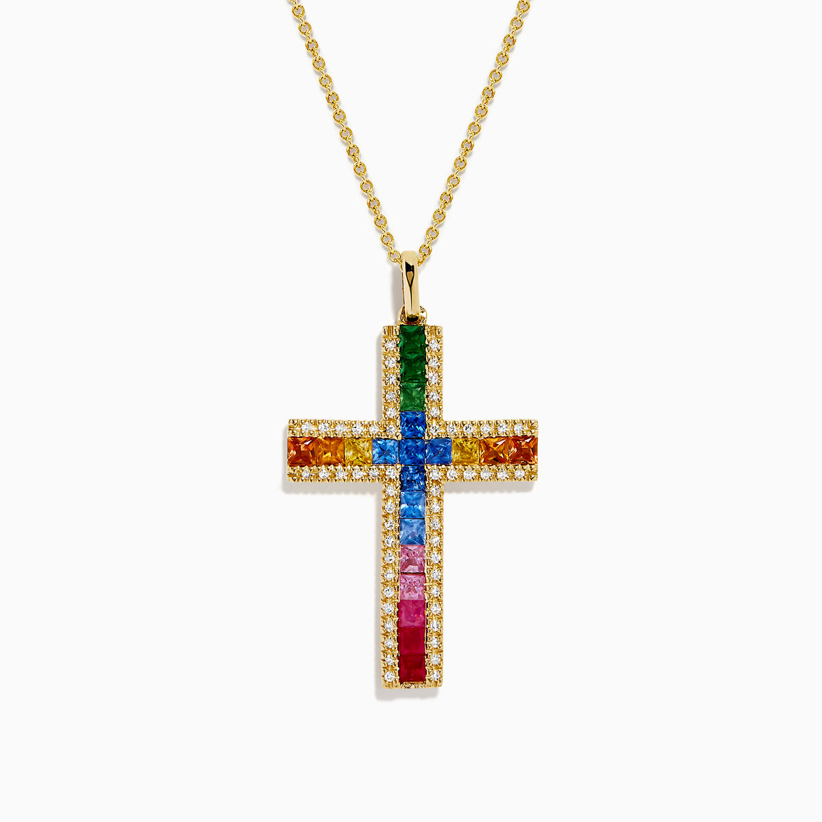 Watercolors 14K Yellow Gold Multi Sapphire and Diamond Rainbow Cross Pendant
