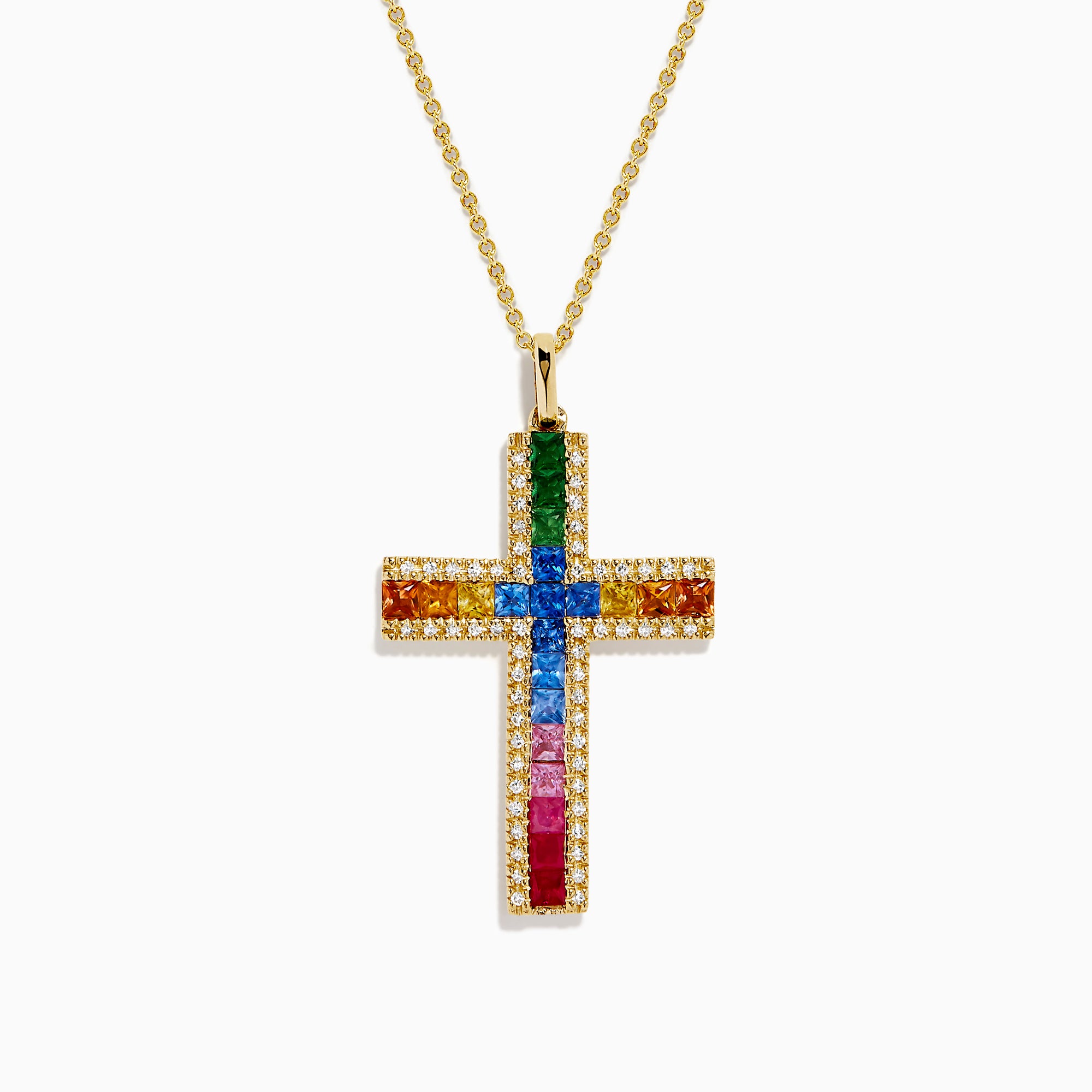 Watercolors 14K Yellow Gold Multi Sapphire and Diamond Rainbow Cross Pendant