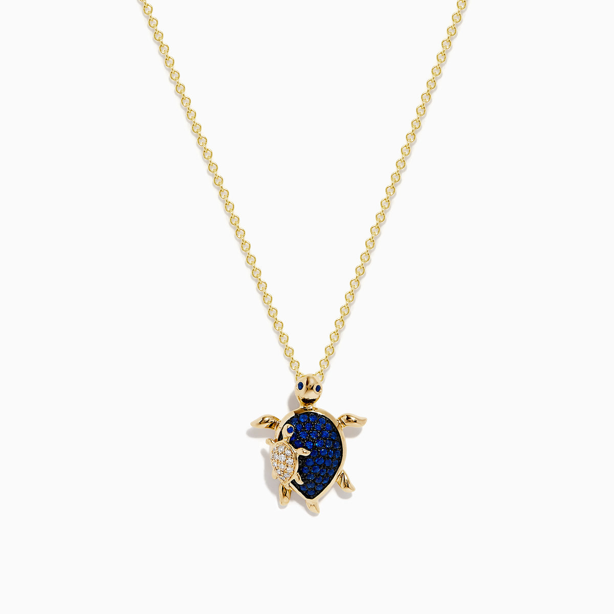 Seaside 14K Yellow Gold Blue Sapphire and Diamond Turtle Pendant showcased on a white background, featuring a turtle with a sapphire-studded shell and gold accents on its head, legs, and flipper.