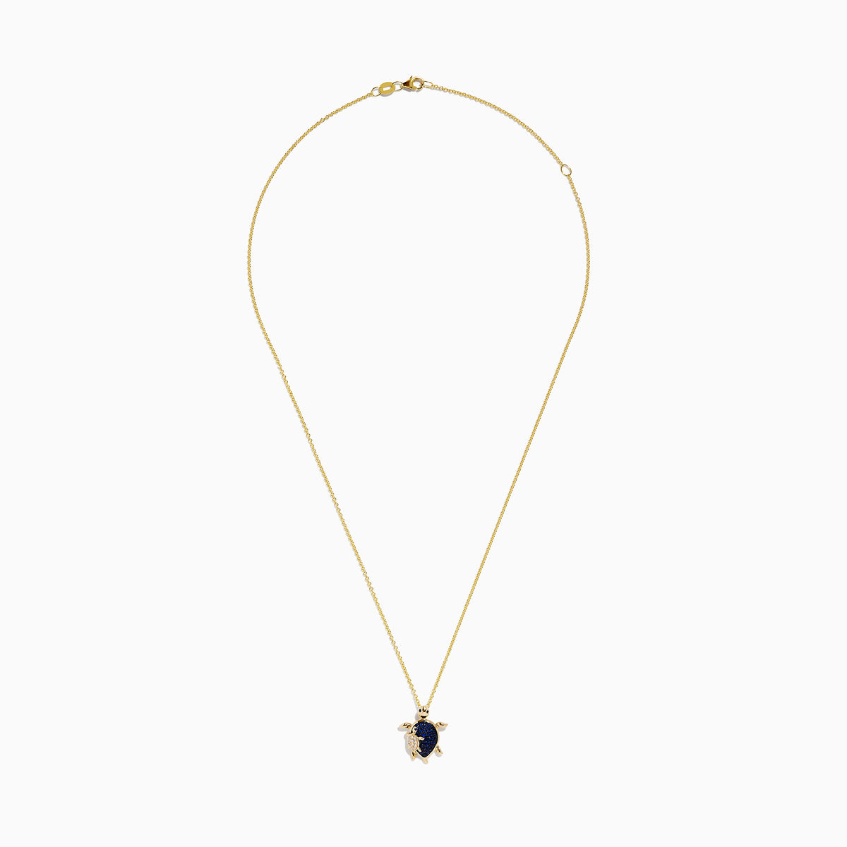 Seaside 14K Yellow Gold Blue Sapphire and Diamond Turtle Pendant showcased on a white background, featuring a turtle with a sapphire-studded shell and gold accents on its head, legs, and flipper.