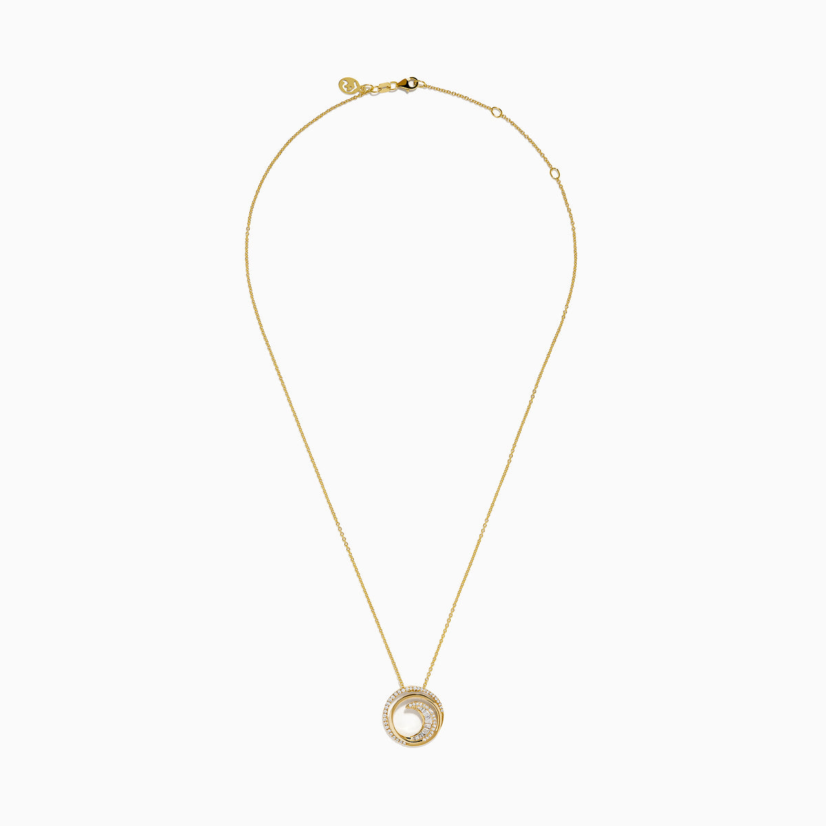 The D'Oro 14K Yellow Gold Diamond Swirl Pendant features a circular design with two intertwined loops—one in polished gold, the other adorned with sparkling diamonds.