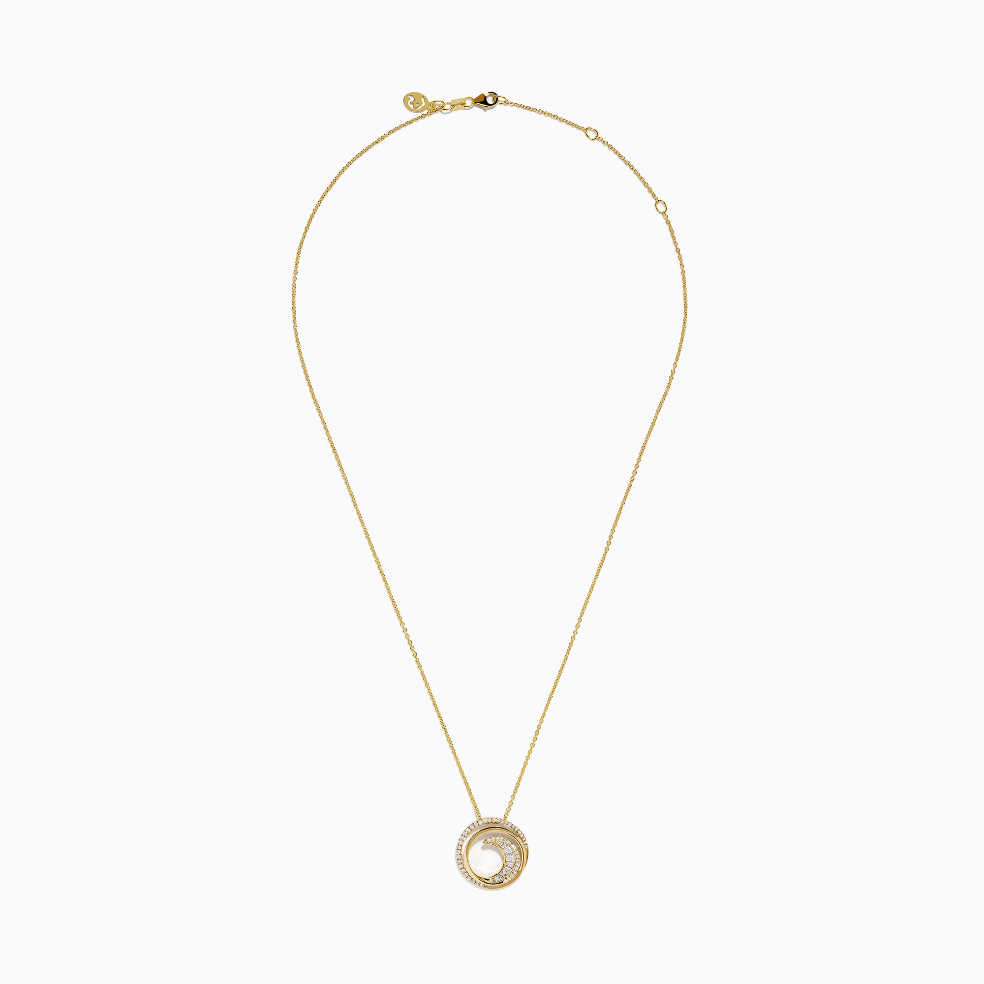 The D'Oro 14K Yellow Gold Diamond Swirl Pendant features a circular design with two intertwined loops—one in polished gold, the other adorned with sparkling diamonds.