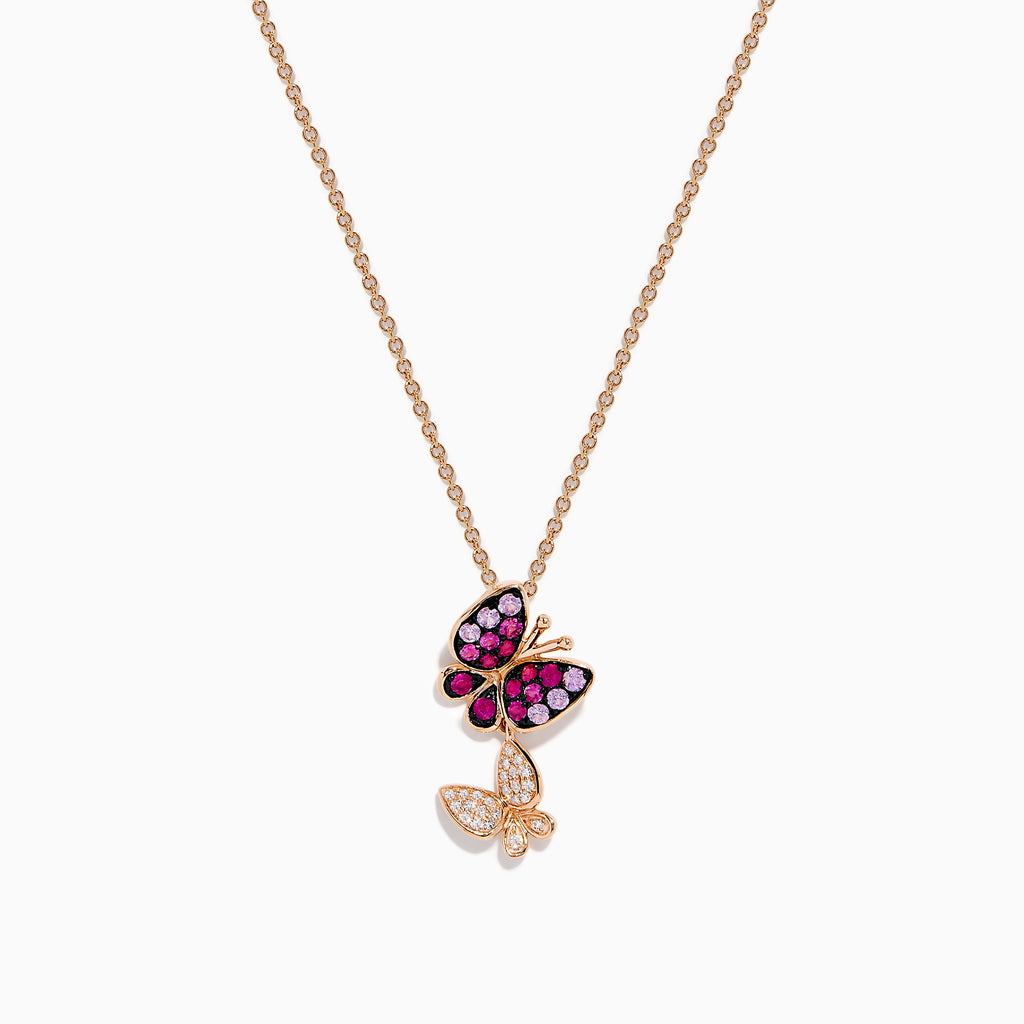 A 14K rose gold pendant featuring two butterfly charms—one with pink sapphire and purple gemstones, the other with sparkling diamonds—displayed on a white background.