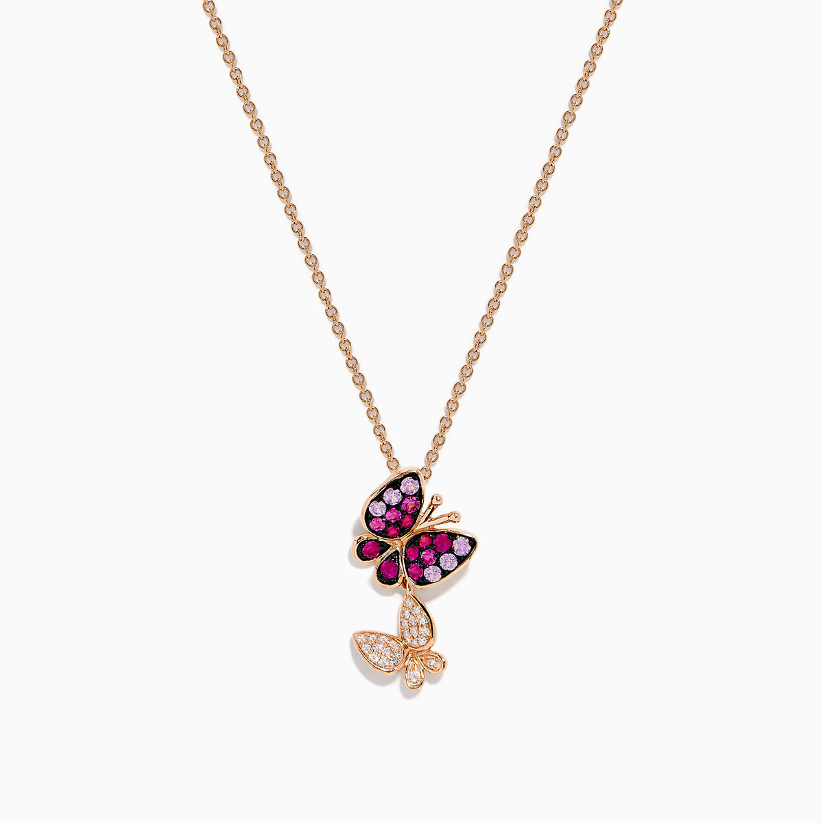 A 14K rose gold pendant featuring two butterfly charms—one with pink sapphire and purple gemstones, the other with sparkling diamonds—displayed on a white background.