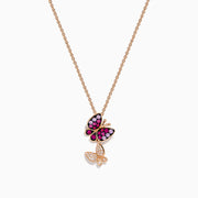 A 14K rose gold pendant featuring two butterfly charms—one with pink sapphire and purple gemstones, the other with sparkling diamonds—displayed on a white background.