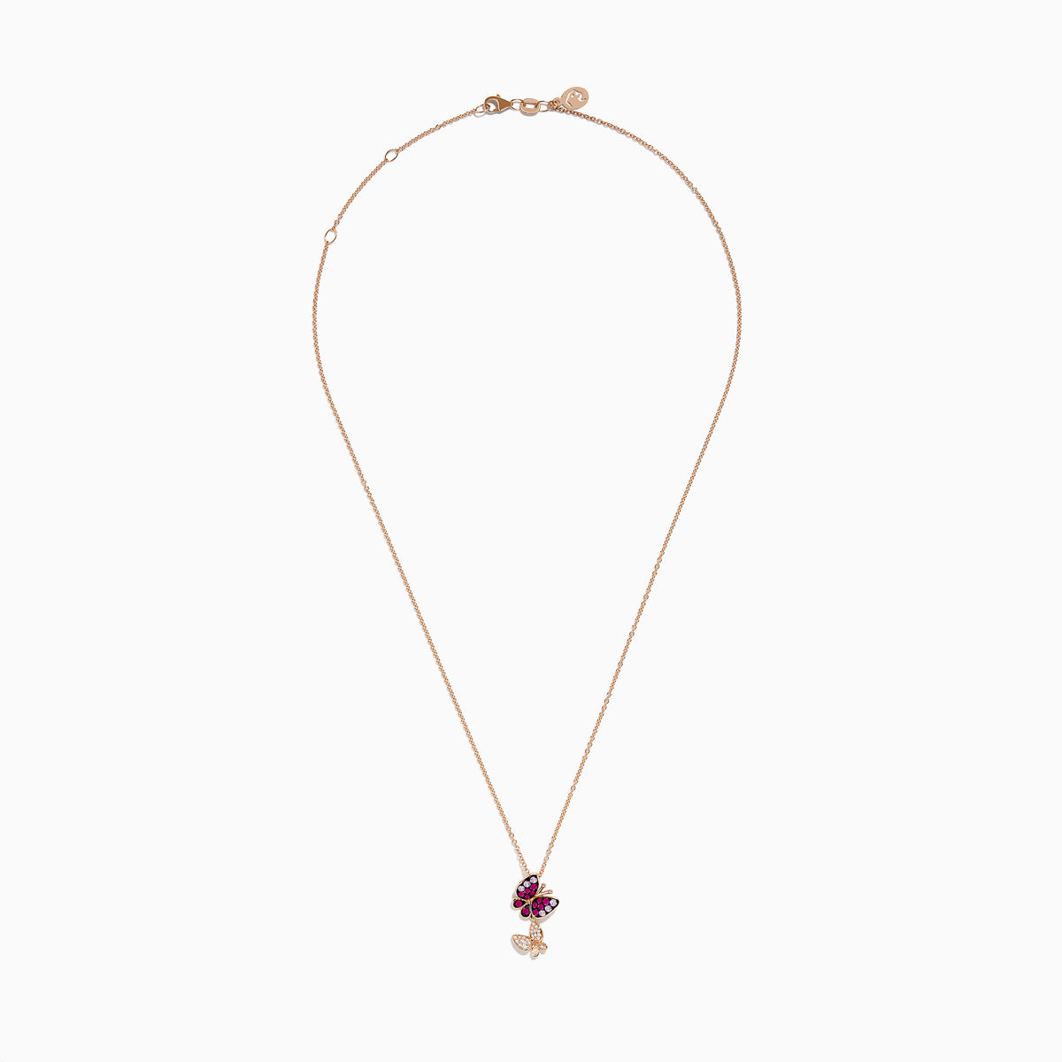 A 14K rose gold pendant featuring two butterfly charms—one with pink sapphire and purple gemstones, the other with sparkling diamonds—displayed on a white background.