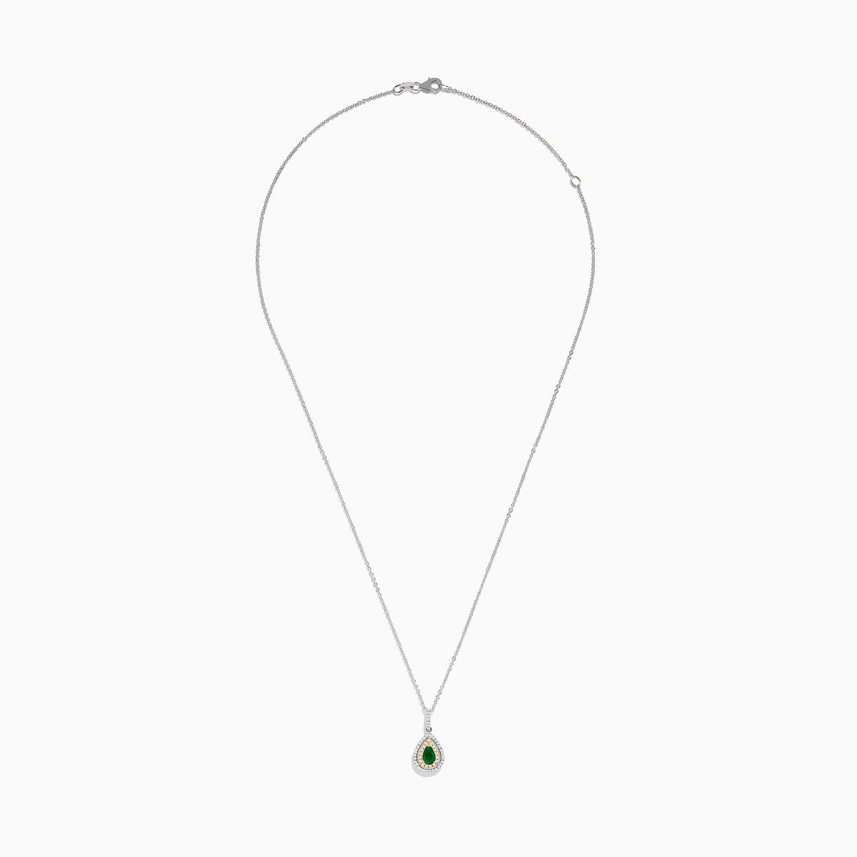 The Brasilica 14K White & Yellow Gold Emerald and Diamond Pendant features a teardrop-shaped emerald framed by double halos of white and yellow diamonds on a silver chain.