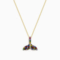 The Watercolors 14K Yellow Gold Multi Sapphire and Diamond Tail Pendant is a chain necklace with a whale tail design, featuring multicolored sapphires and diamonds set in a striking pattern, shown on a white background.