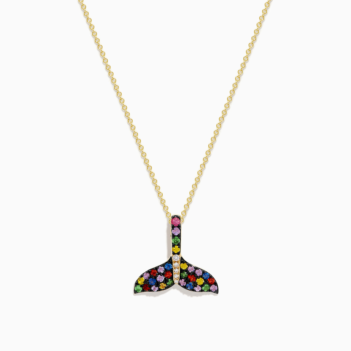 The Watercolors 14K Yellow Gold Multi Sapphire and Diamond Tail Pendant is a chain necklace with a whale tail design, featuring multicolored sapphires and diamonds set in a striking pattern, shown on a white background.