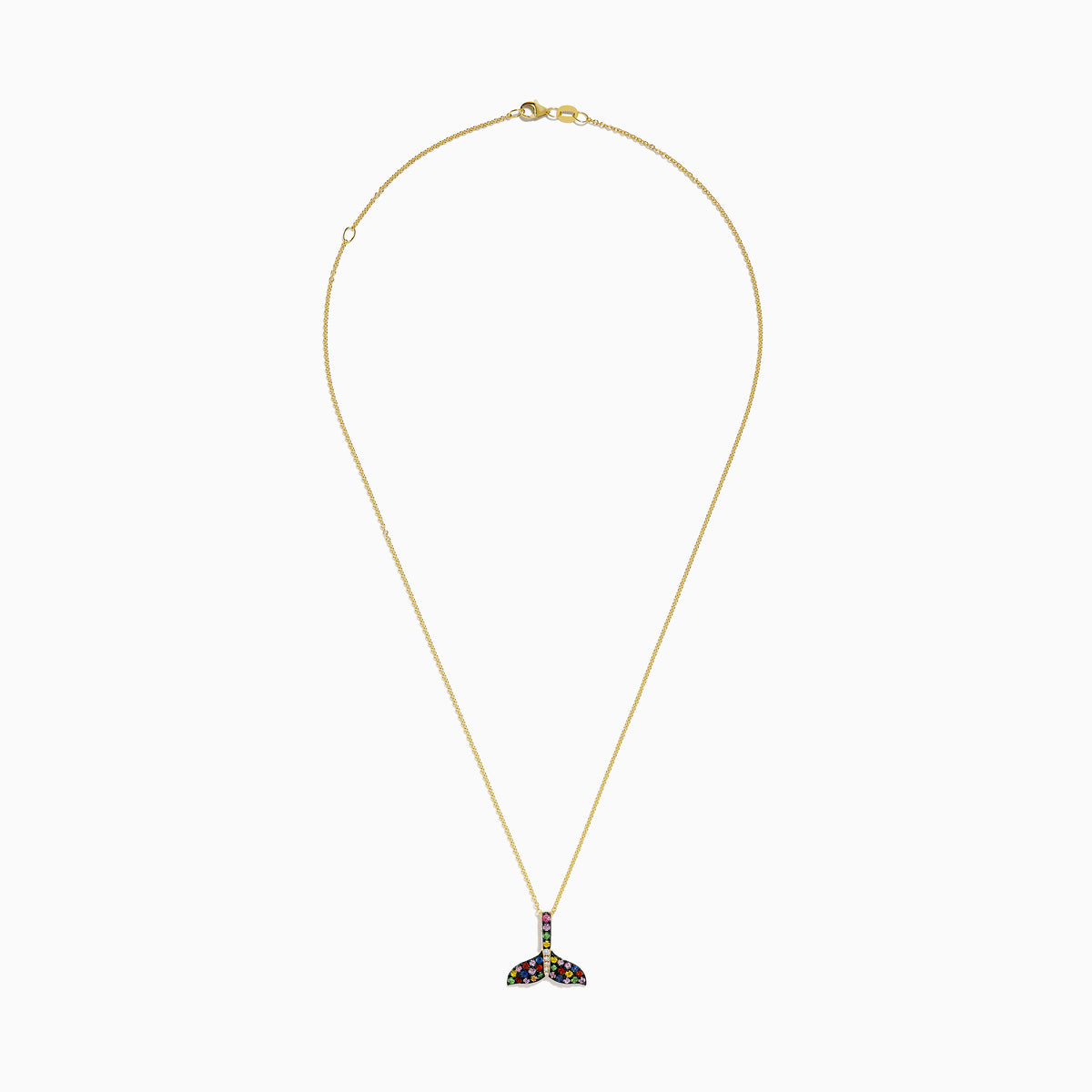 The Watercolors 14K Yellow Gold Multi Sapphire and Diamond Tail Pendant is a chain necklace with a whale tail design, featuring multicolored sapphires and diamonds set in a striking pattern, shown on a white background.
