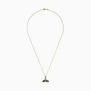 The Watercolors 14K Yellow Gold Multi Sapphire and Diamond Tail Pendant is a chain necklace with a whale tail design, featuring multicolored sapphires and diamonds set in a striking pattern, shown on a white background.