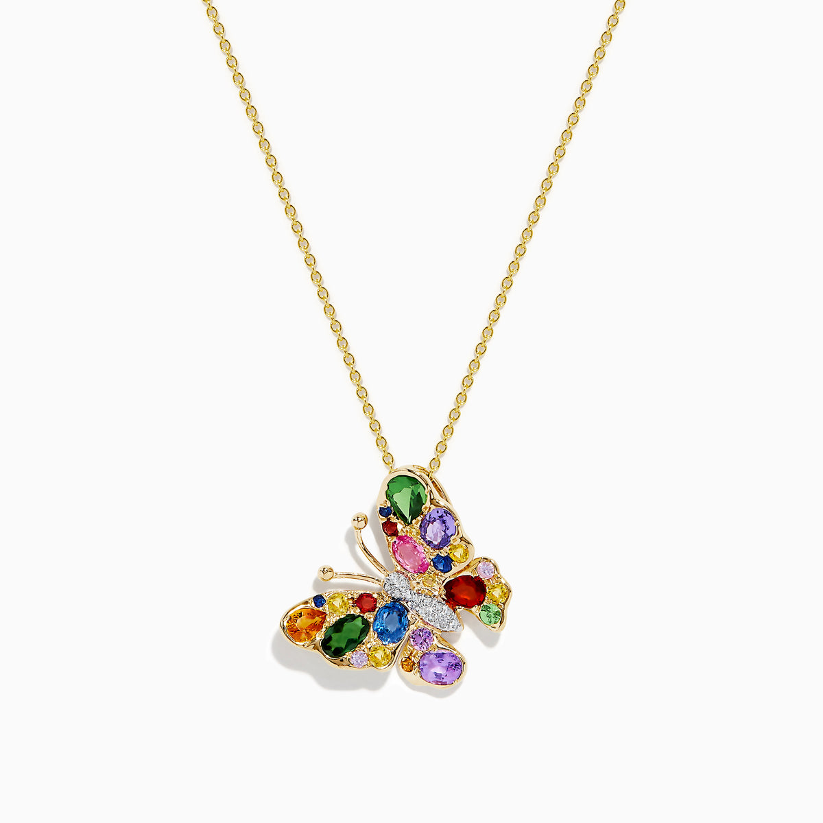 The Watercolors 14K Yellow Gold Multi Sapphire Butterfly Pendant features a butterfly adorned with green, red, blue, orange, purple, and clear sapphires on a yellow gold necklace.