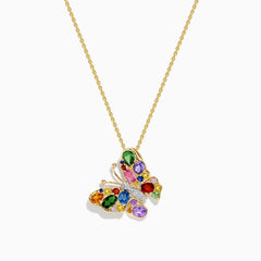 The Watercolors 14K Yellow Gold Multi Sapphire Butterfly Pendant features a butterfly adorned with green, red, blue, orange, purple, and clear sapphires on a yellow gold necklace.