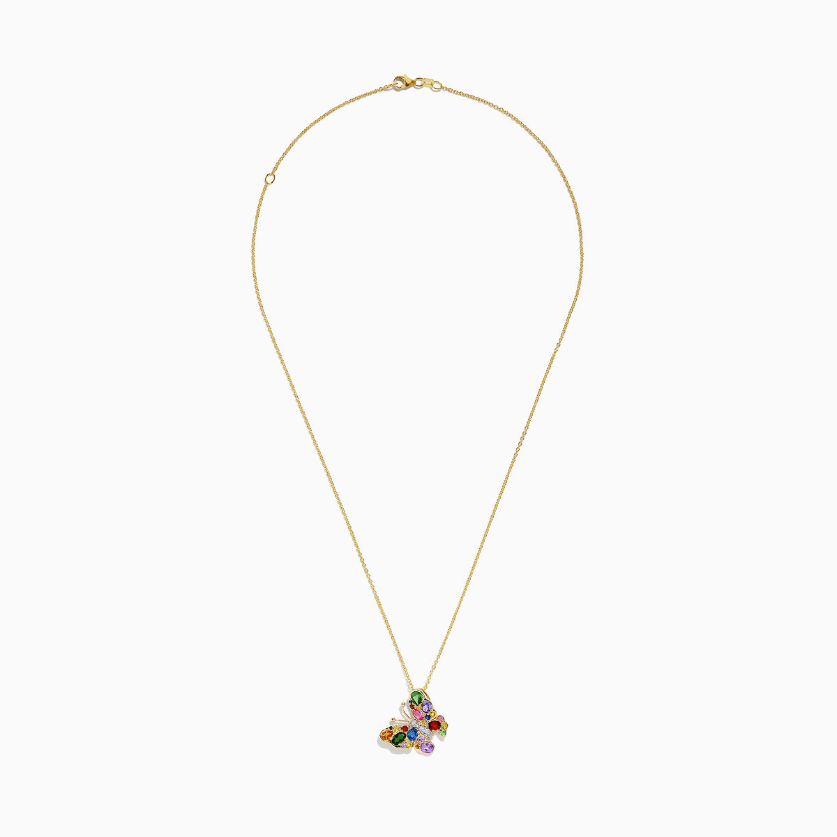 The Watercolors 14K Yellow Gold Multi Sapphire Butterfly Pendant features a butterfly adorned with green, red, blue, orange, purple, and clear sapphires on a yellow gold necklace.