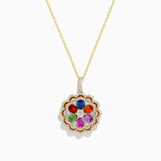 The Watercolors 14K Yellow Gold Pendant features a flower-shaped diamond design with multi sapphire gemstones and a border of small diamonds, shown on a white background.