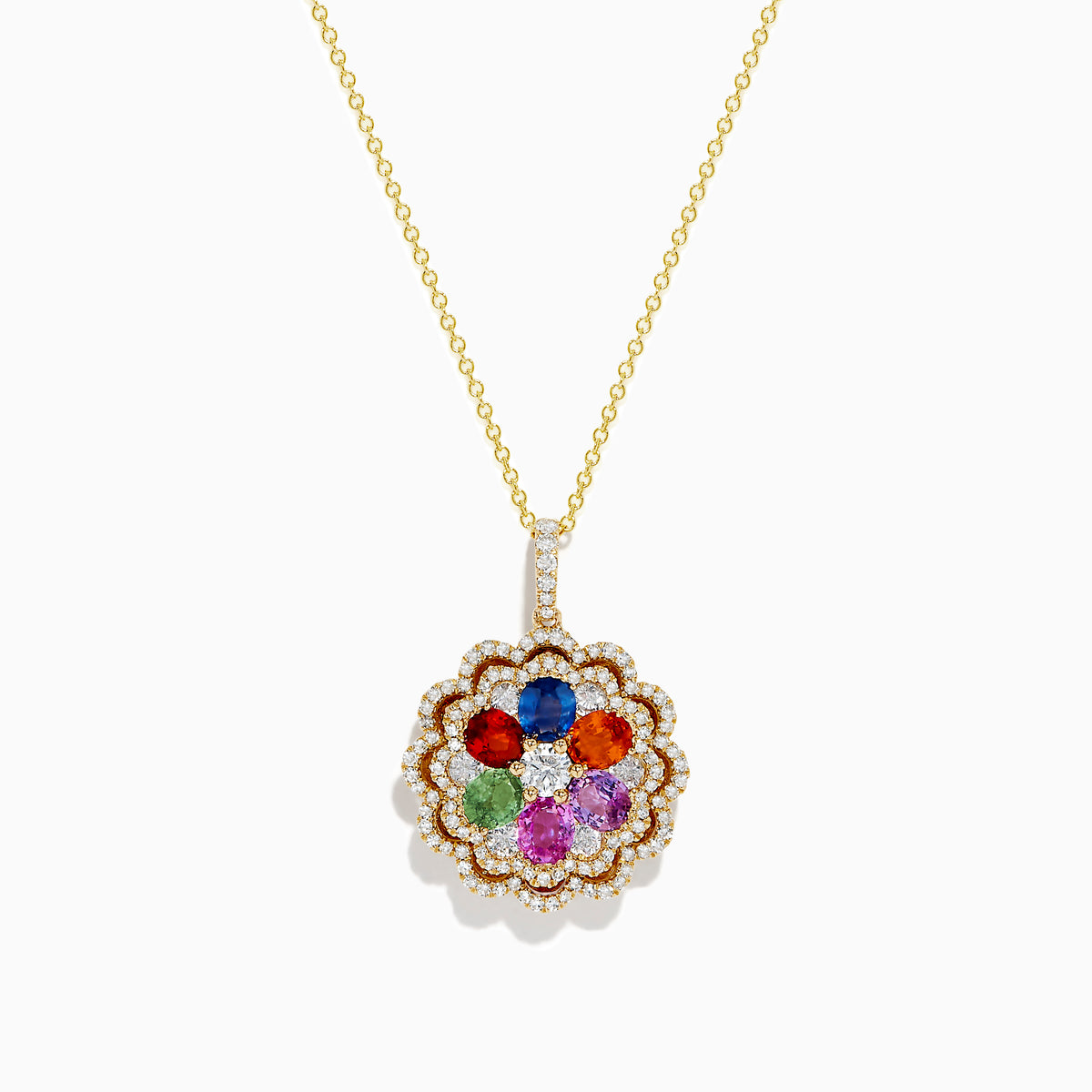 The Watercolors 14K Yellow Gold Pendant features a flower-shaped diamond design with multi sapphire gemstones and a border of small diamonds, shown on a white background.