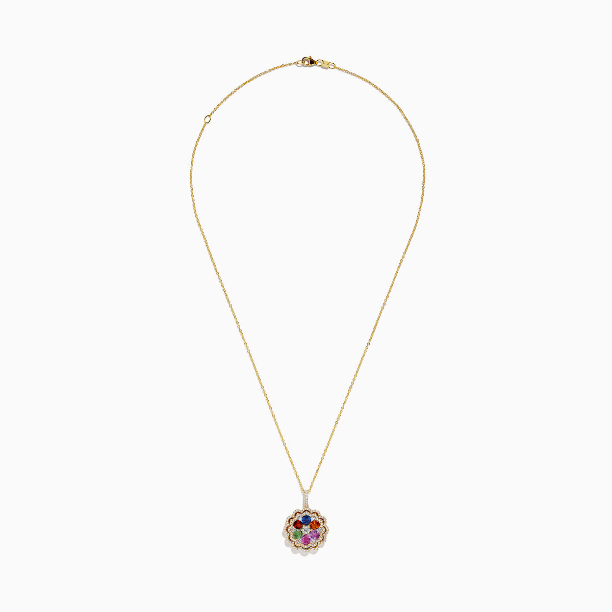 The Watercolors 14K Yellow Gold Pendant features a flower-shaped diamond design with multi sapphire gemstones and a border of small diamonds, shown on a white background.