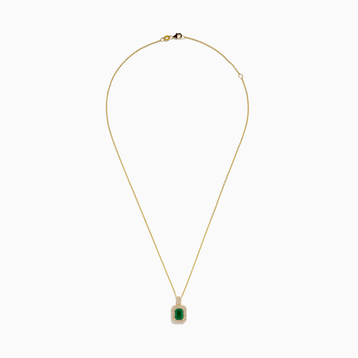 The Brasilica 14K Yellow Gold Emerald and Diamond Pendant showcases a rectangular emerald accented with sparkling diamonds, set against a plain white background.