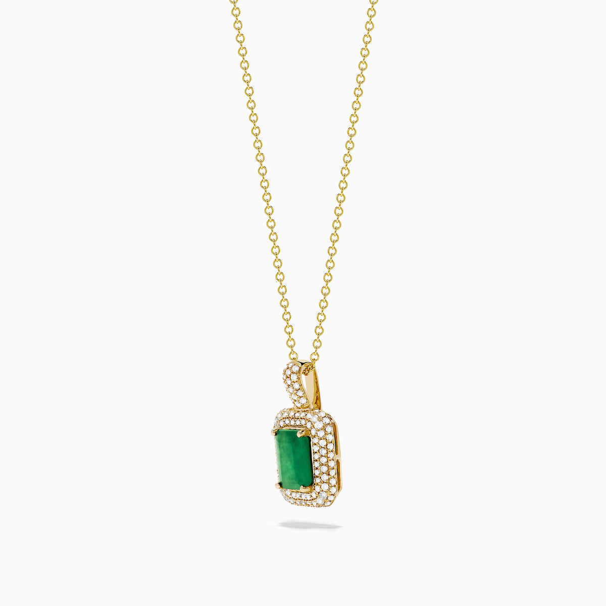 The Brasilica 14K Yellow Gold Emerald and Diamond Pendant showcases a rectangular emerald accented with sparkling diamonds, set against a plain white background.