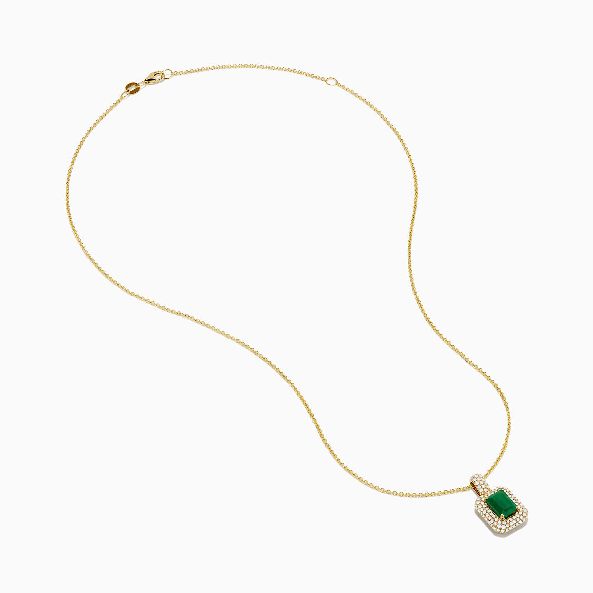The Brasilica 14K Yellow Gold Emerald and Diamond Pendant showcases a rectangular emerald accented with sparkling diamonds, set against a plain white background.