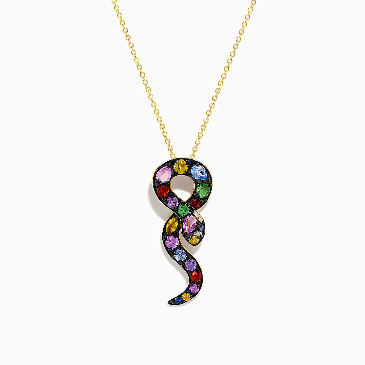 The Safari 14K Yellow Gold Multi Sapphire and Diamond Snake Pendant hangs on a gold chain, featuring sparkling sapphires and a diamond snake design against a plain white background.